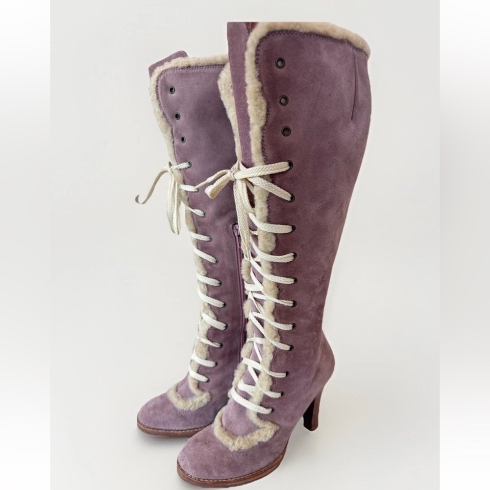 Vintage 90s Y2K Marc Jacobs Castoro Fur Lined Lace up Pink Blush Suede Heel Boot